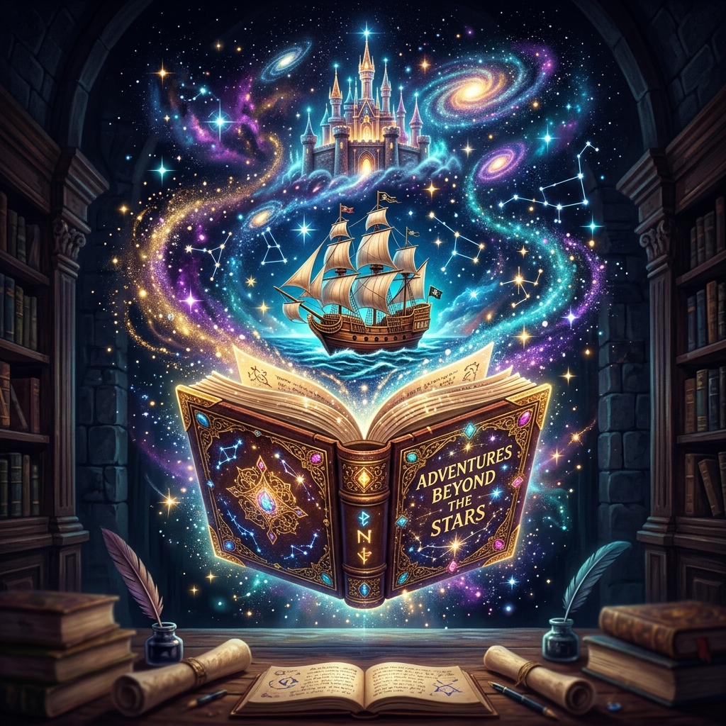 Magical glowing adventure tome floating in space